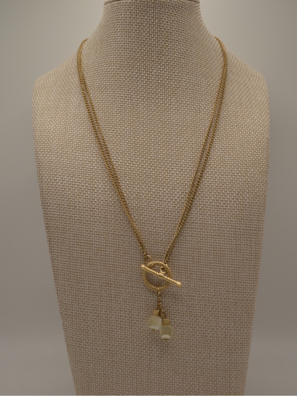 Gold Toggle Double Chain Necklace with Cream and Gold Bead Drops